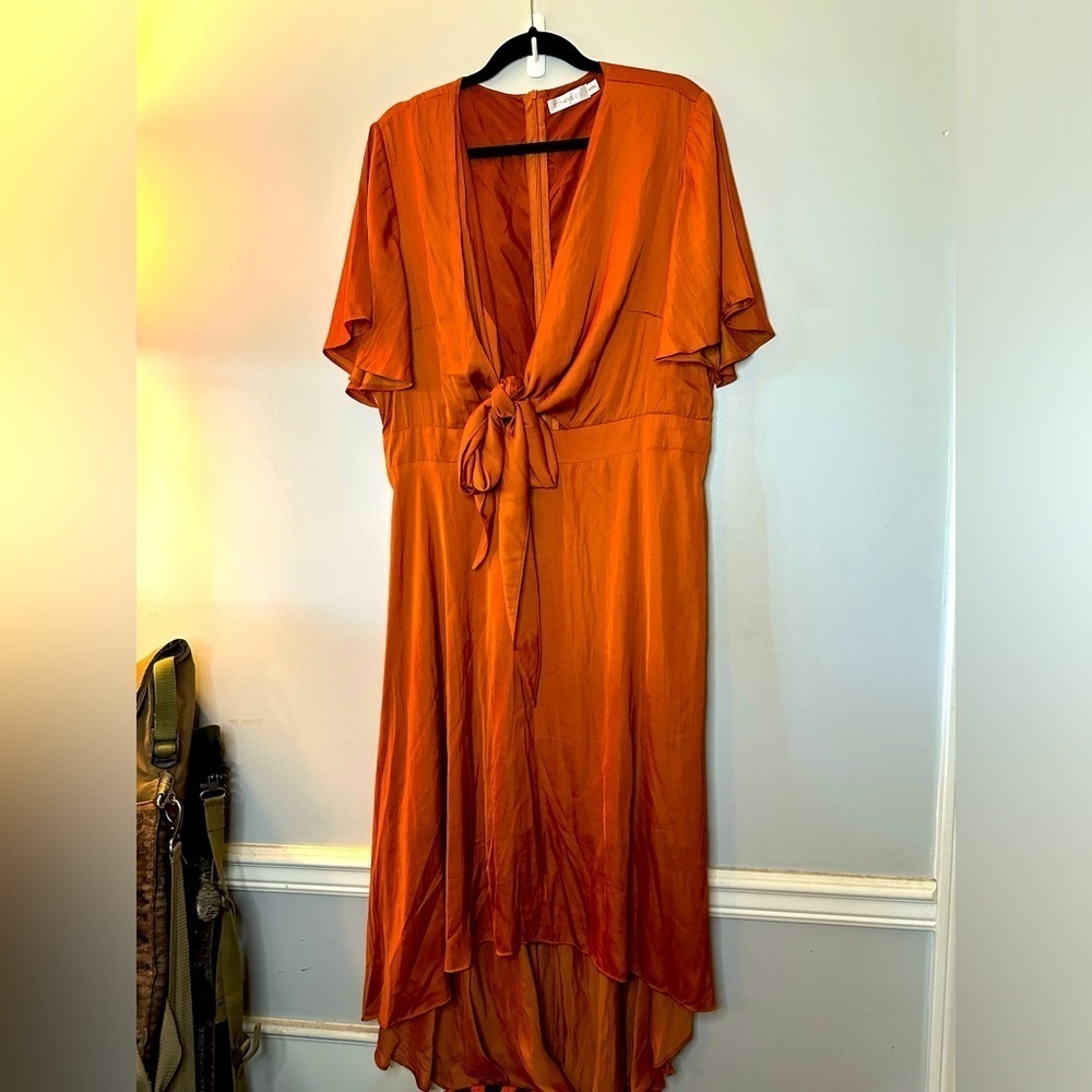 ESTER & CO HIGH LOW ORANGE COPPER RUST SHORT SLEEVE TIE FRONT DRESS 3XL